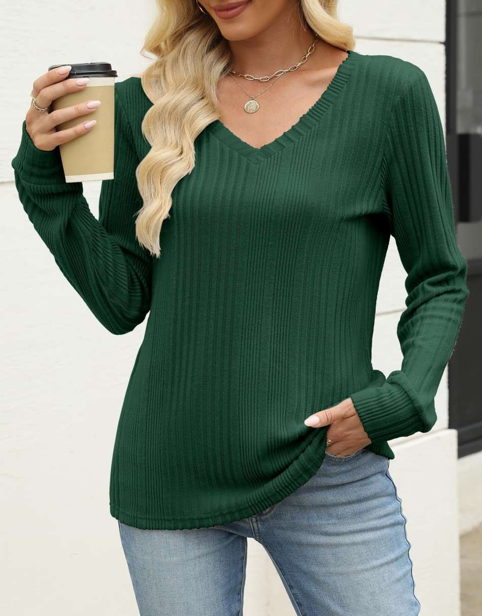 ANRABESS Womens Long Sleeve Shirts V Neck Tunic Tops Ribbed Knit Lightweight Sweaters 2025 Fall Dressy Casual Blouses