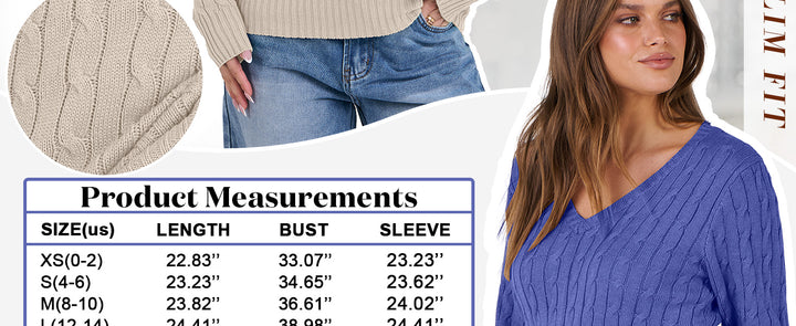 ANRABESS Womens Long Sleeve Cable Knit Sweater 2025 Fall Fashion V Neck Fitted Pullover Top Business Casual Work Fall Outfits