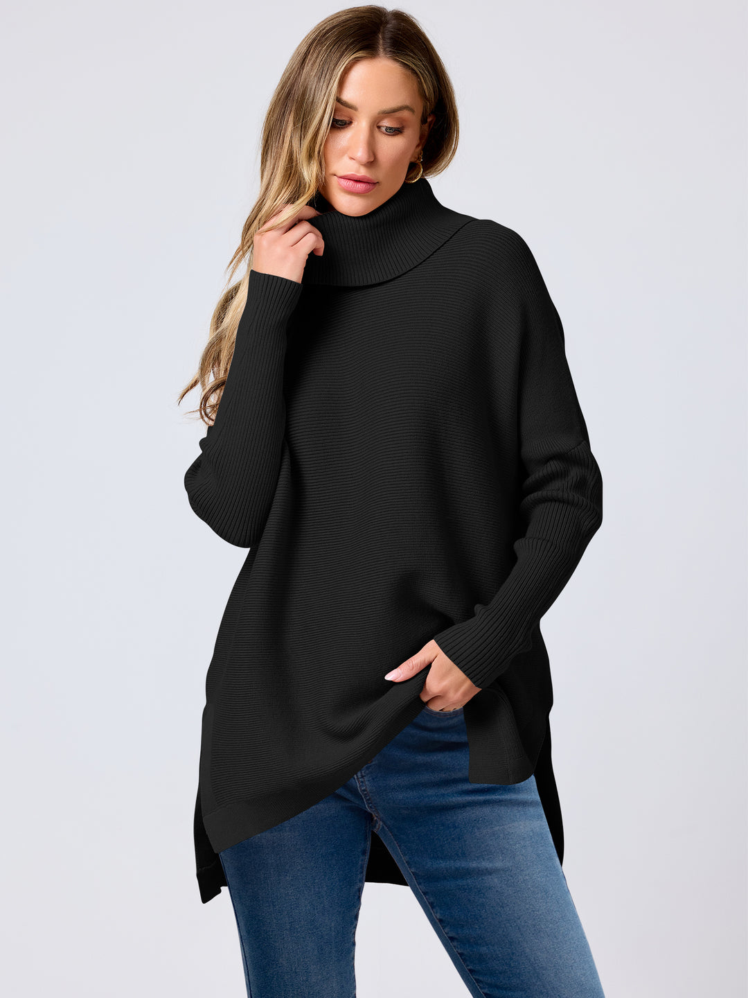 ANRABESS Batwing Sleeve Turtleneck Loose Tunic Pullover