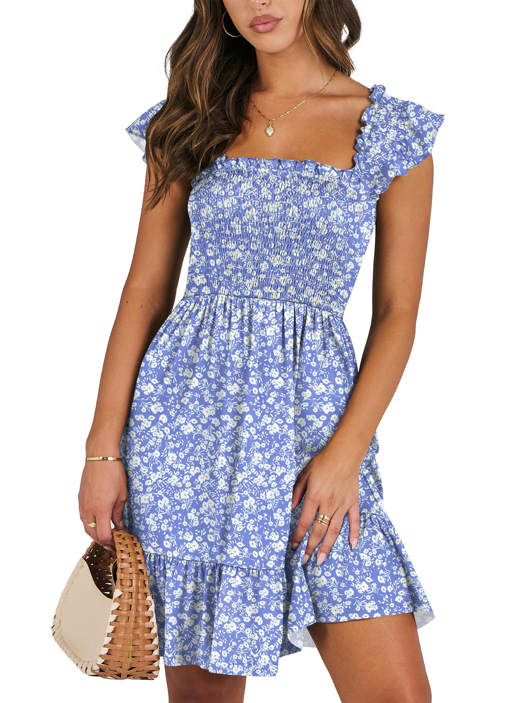 ANRABESS Women's Summer Casual Sleeveless Square Neck Dress 2025 Smocked Ruffle Backless Boho Beach Cute Teen Short Sundress