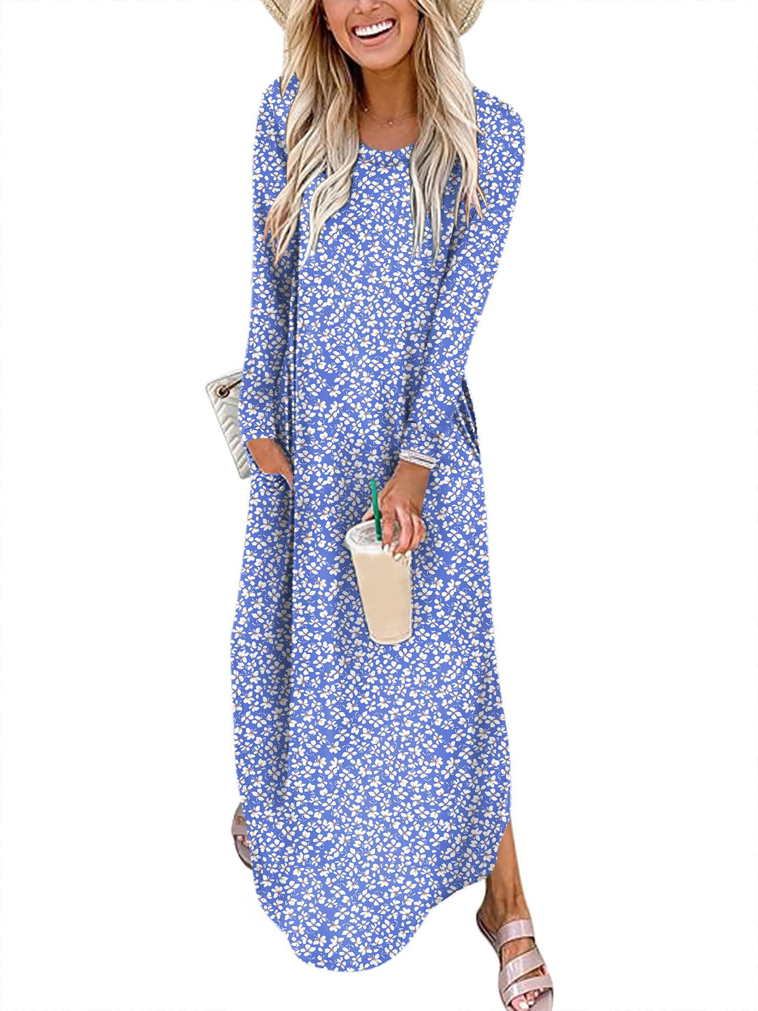 ANRABESS Women's Long Sleeve Maxi Dresses 2025 Fall Outfits Casual Loose Split Travel Vacation T Shirt Dress with Pockets