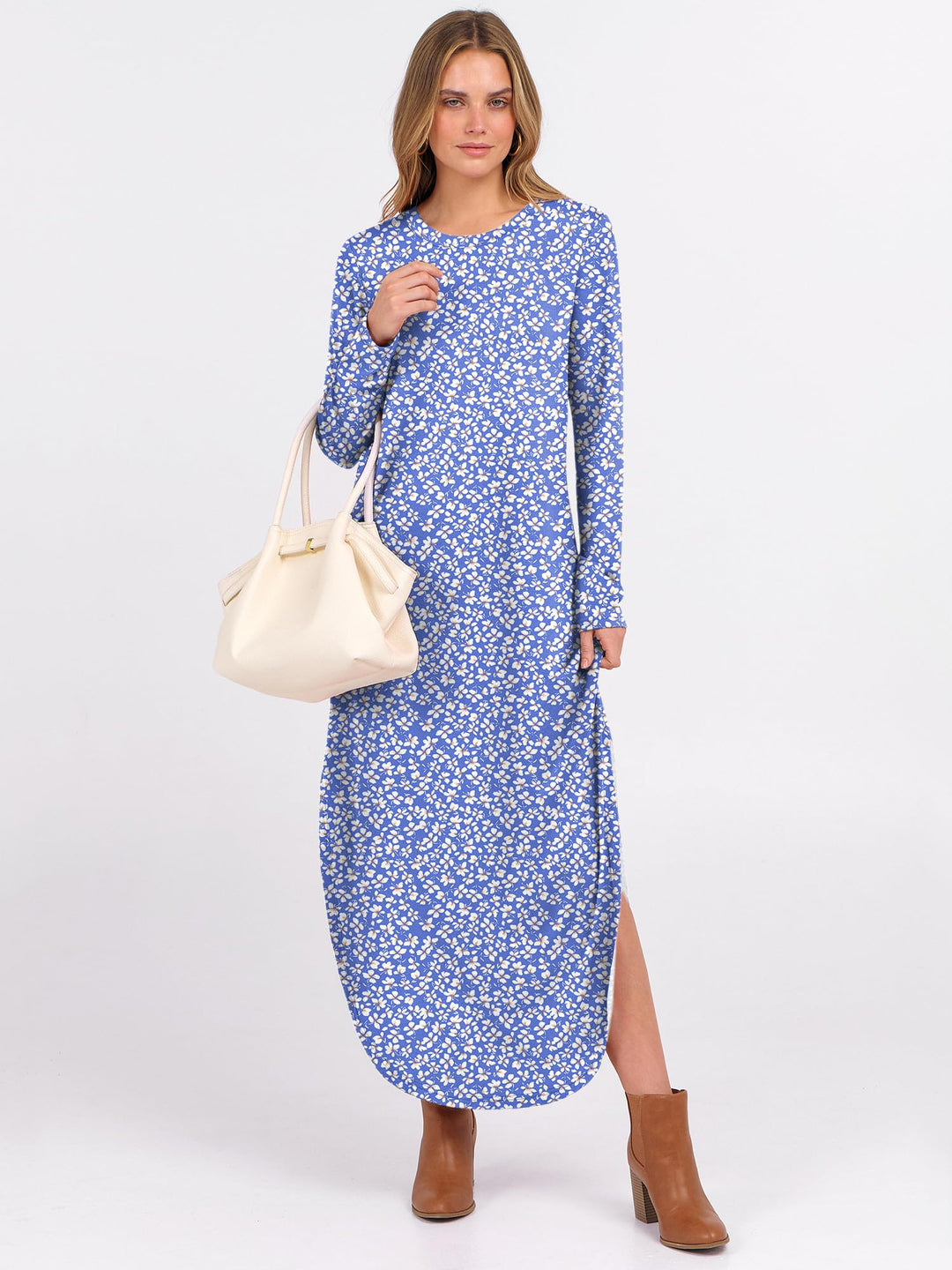 ANRABESS Women's Long Sleeve Maxi Dresses 2025 Fall Outfits Casual Loose Split Travel Vacation T Shirt Dress with Pockets