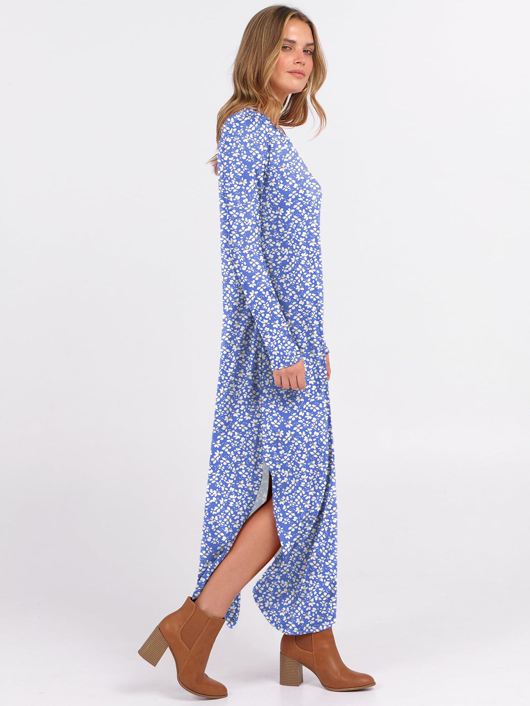 ANRABESS Women's Long Sleeve Maxi Dresses 2025 Fall Outfits Casual Loose Split Travel Vacation T Shirt Dress with Pockets