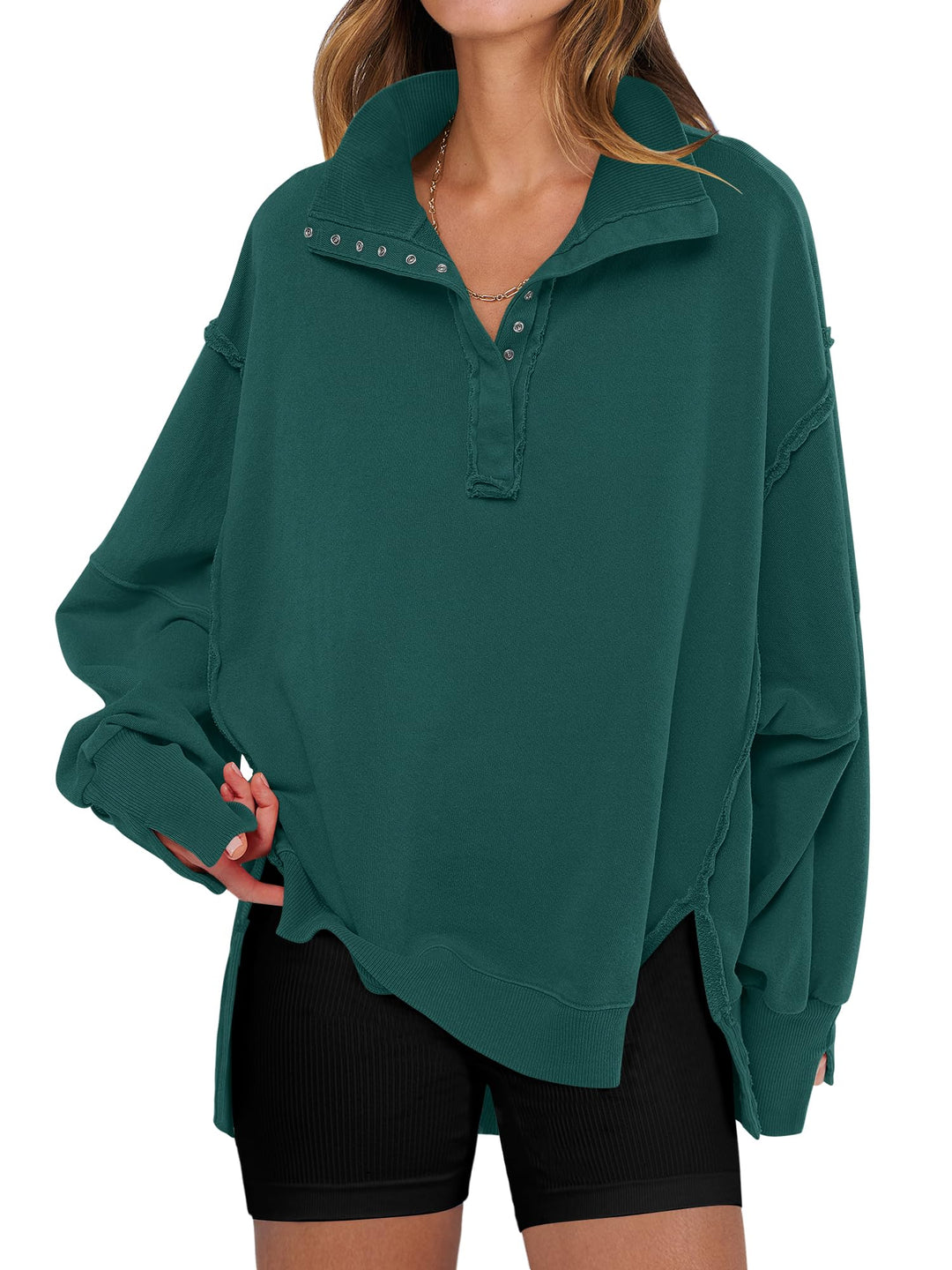 ANRABESS Women's Sweatshirts Oversized Casual Loose Button Up Henley Pullover Top High Low Split 2025 Fall Fashion Outfits