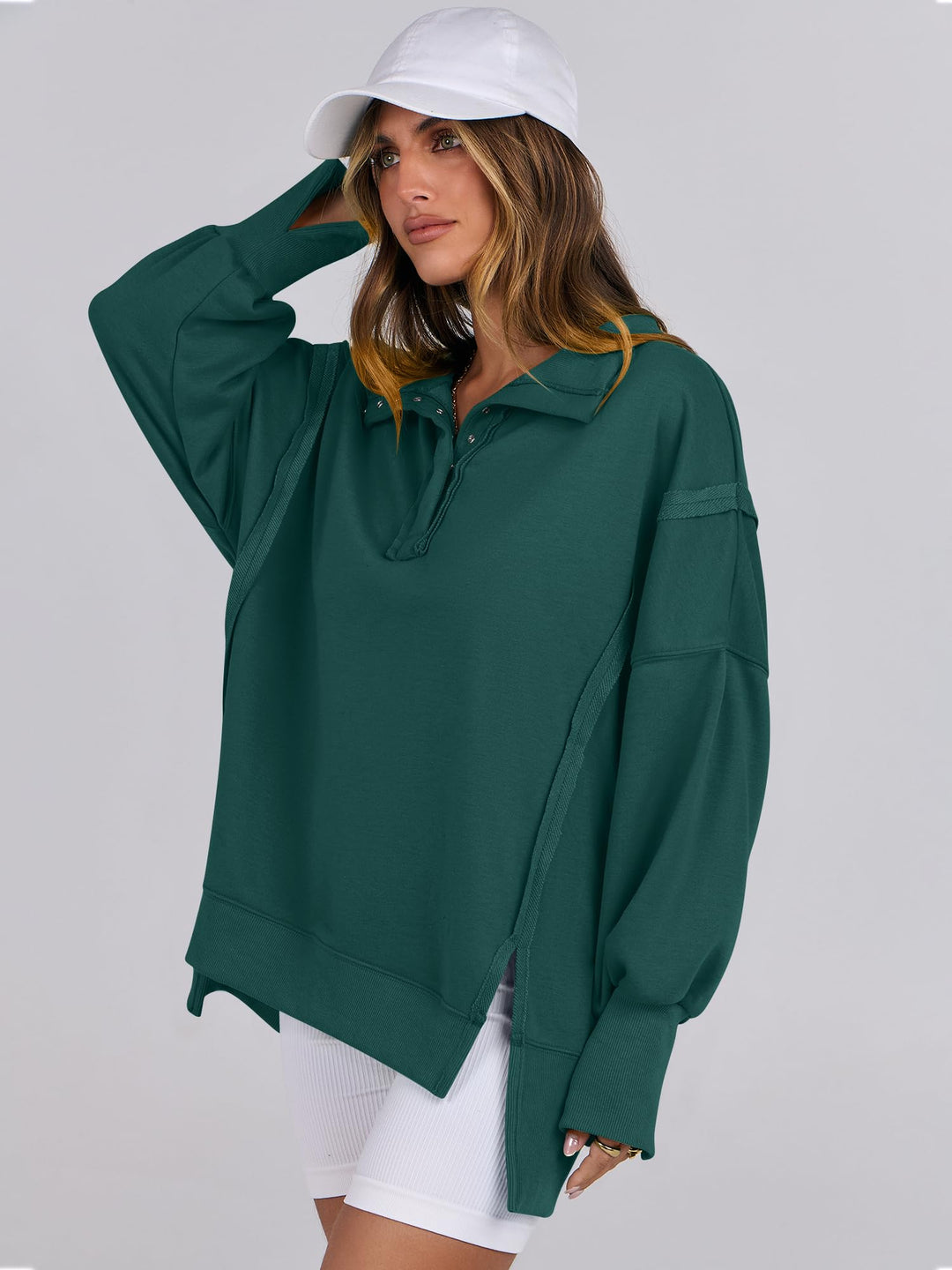 ANRABESS Women's Sweatshirts Oversized Casual Loose Button Up Henley Pullover Top High Low Split 2025 Fall Fashion Outfits