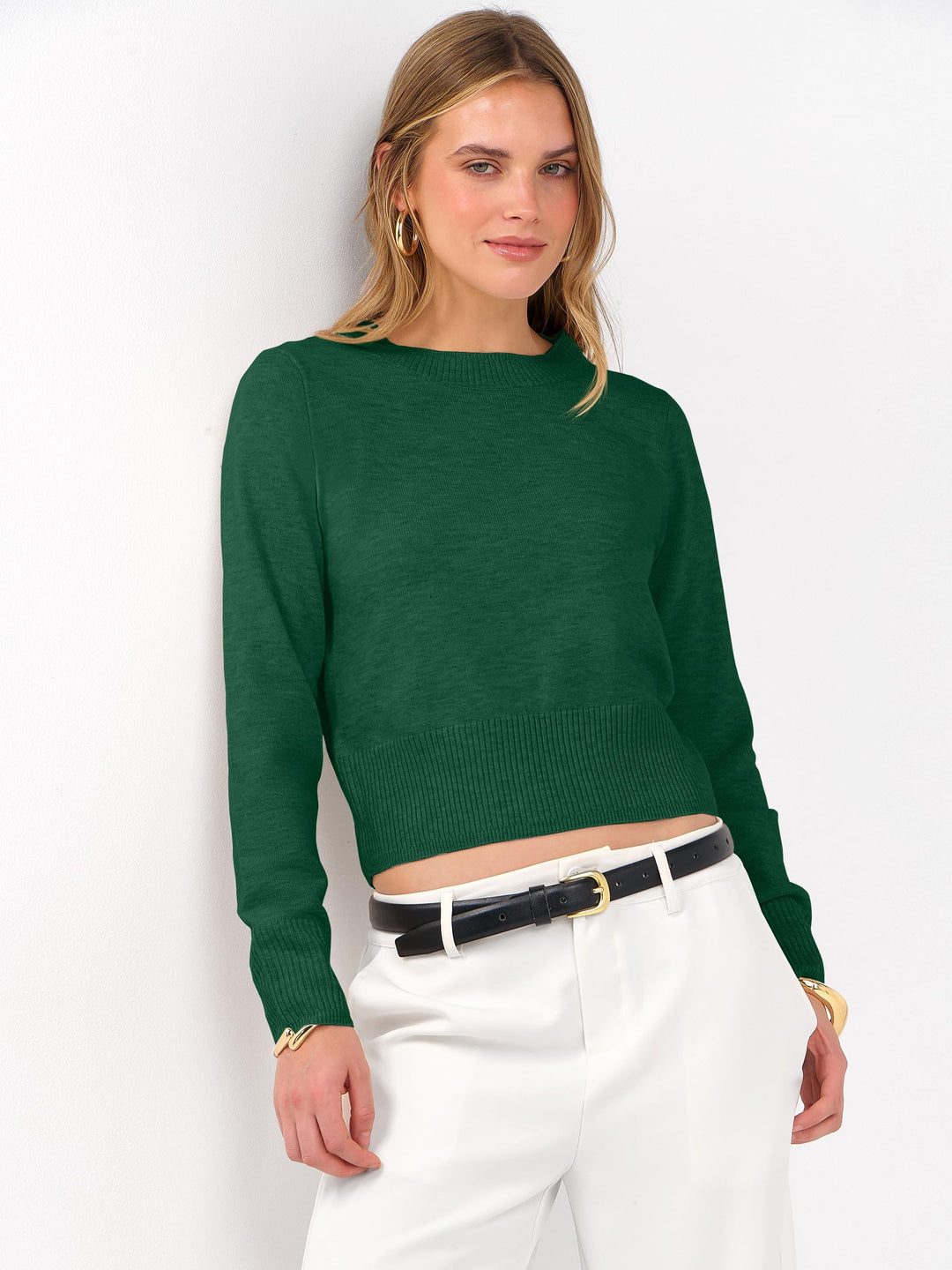 ANRABESS Women’s Long Sleeve Sweaters Cropped Crew Neck Business Casual Light Weight Sweater Tops Fall Fashion Clothes 2025