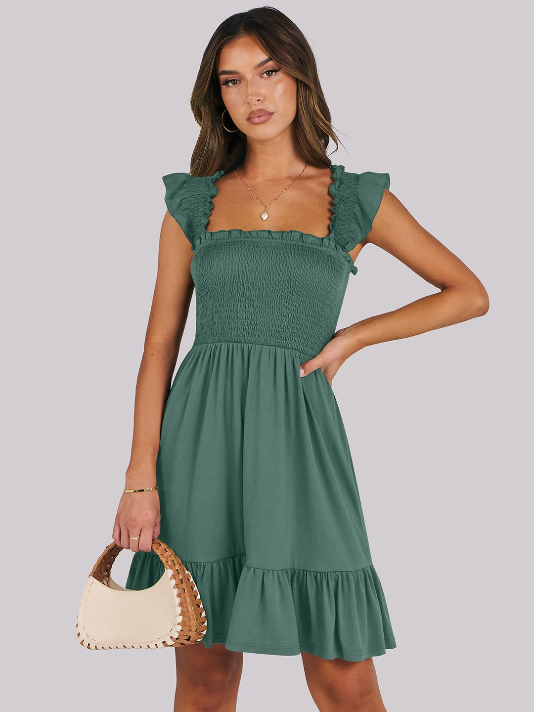 ANRABESS Women's Summer Casual Sleeveless Square Neck Dress 2025 Smocked Ruffle Backless Boho Beach Cute Teen Short Sundress