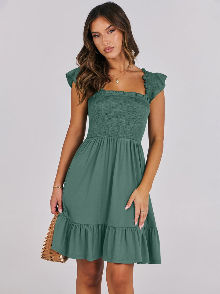 ANRABESS Women's Summer Casual Sleeveless Square Neck Dress 2025 Smocked Ruffle Backless Boho Beach Cute Teen Short Sundress
