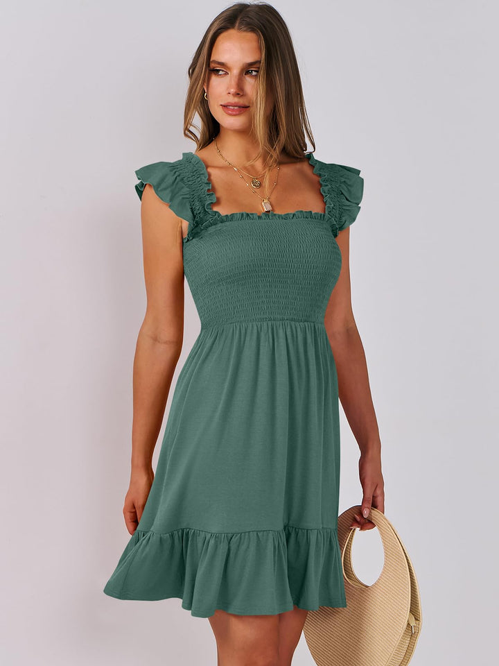 ANRABESS Women's Summer Casual Sleeveless Square Neck Dress 2025 Smocked Ruffle Backless Boho Beach Cute Teen Short Sundress