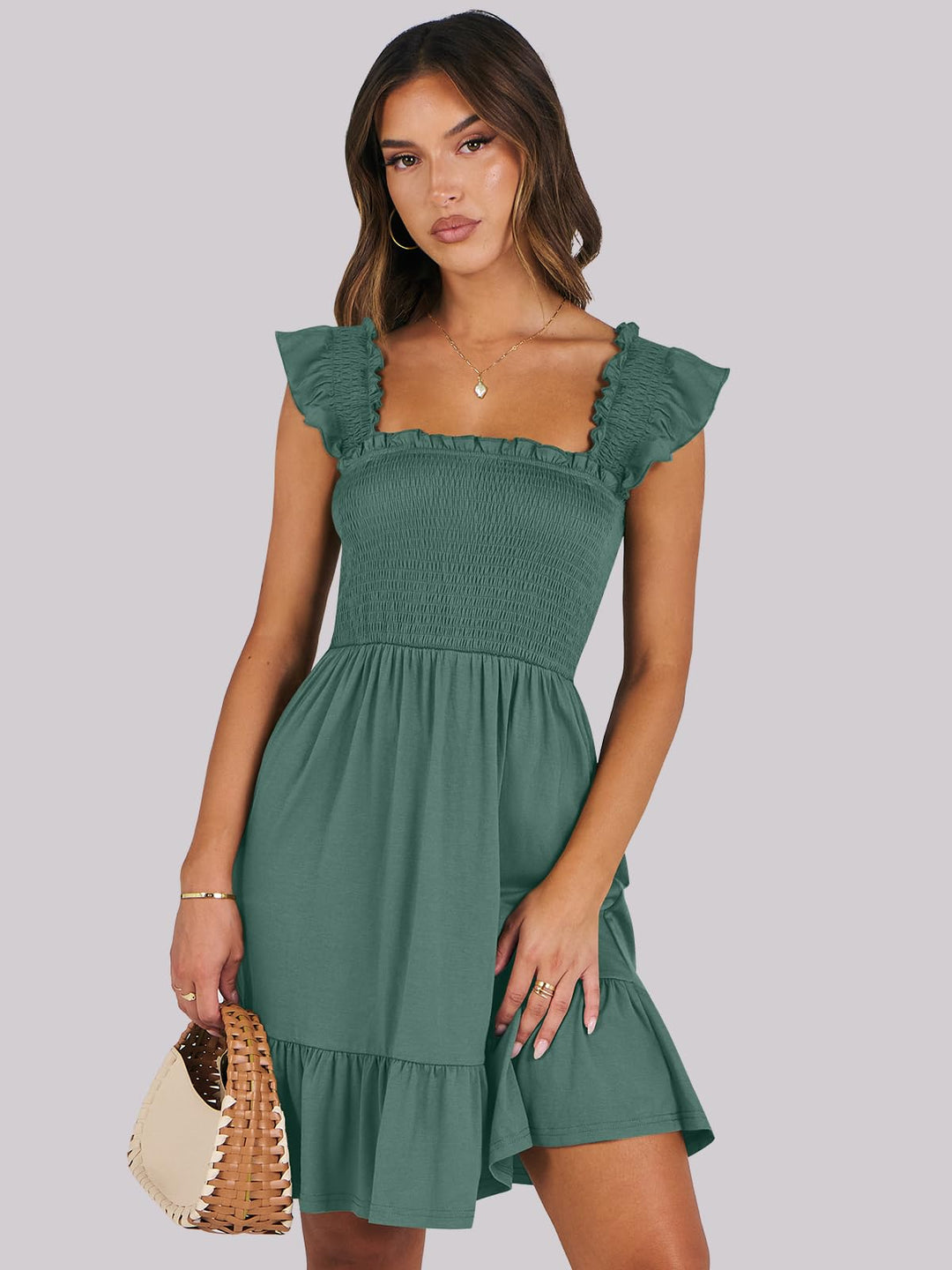 ANRABESS Women's Summer Casual Sleeveless Square Neck Dress 2025 Smocked Ruffle Backless Boho Beach Cute Teen Short Sundress