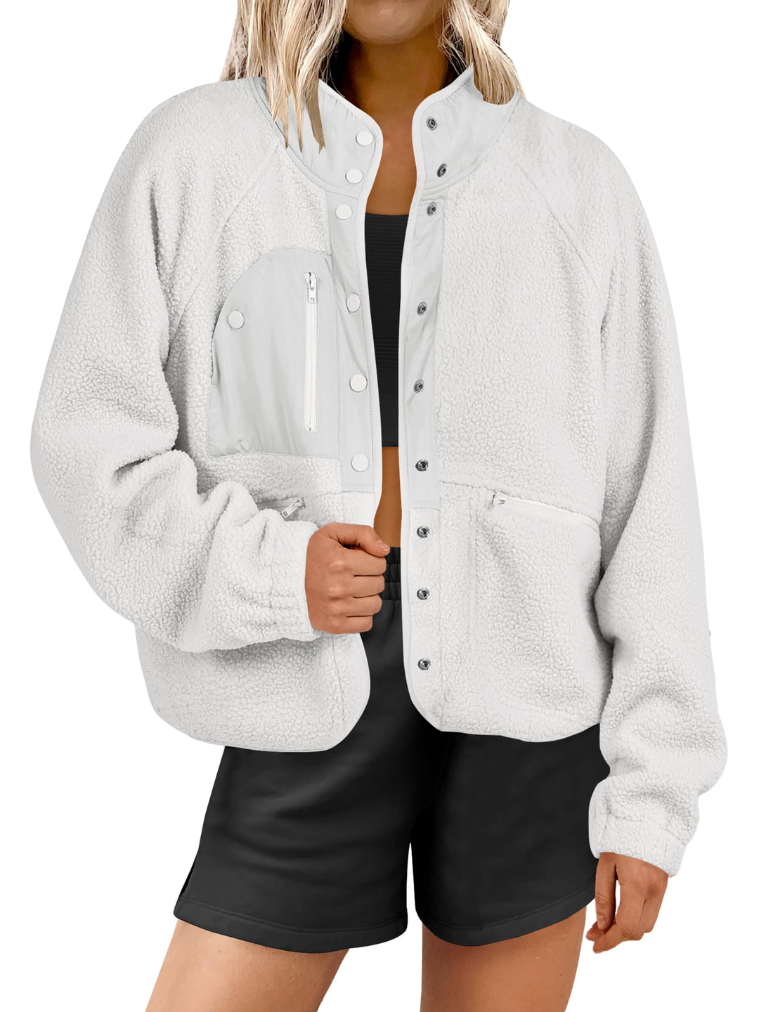 ANRABESS Womens Fuzzy Fleece Jacket Fall Casual Long Sleeve Cropped Sherpa Button Down Shacket Coats Outwear With Pockets