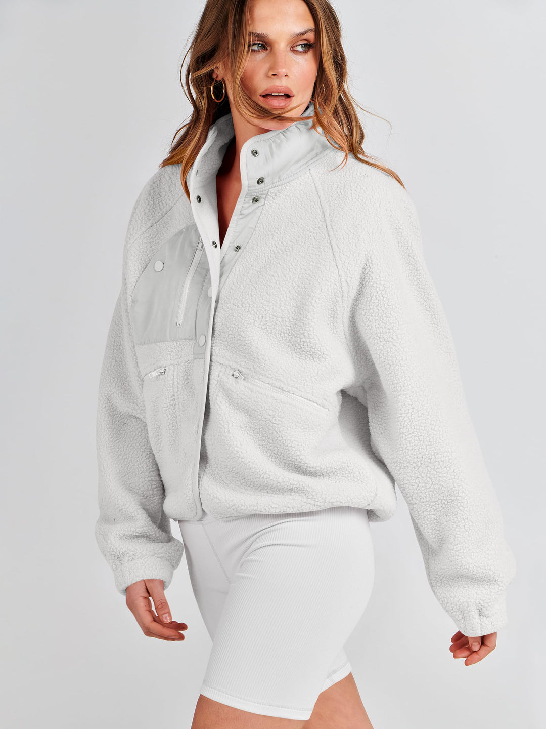 ANRABESS Womens Fuzzy Fleece Jacket Fall Casual Long Sleeve Cropped Sherpa Button Down Shacket Coats Outwear With Pockets