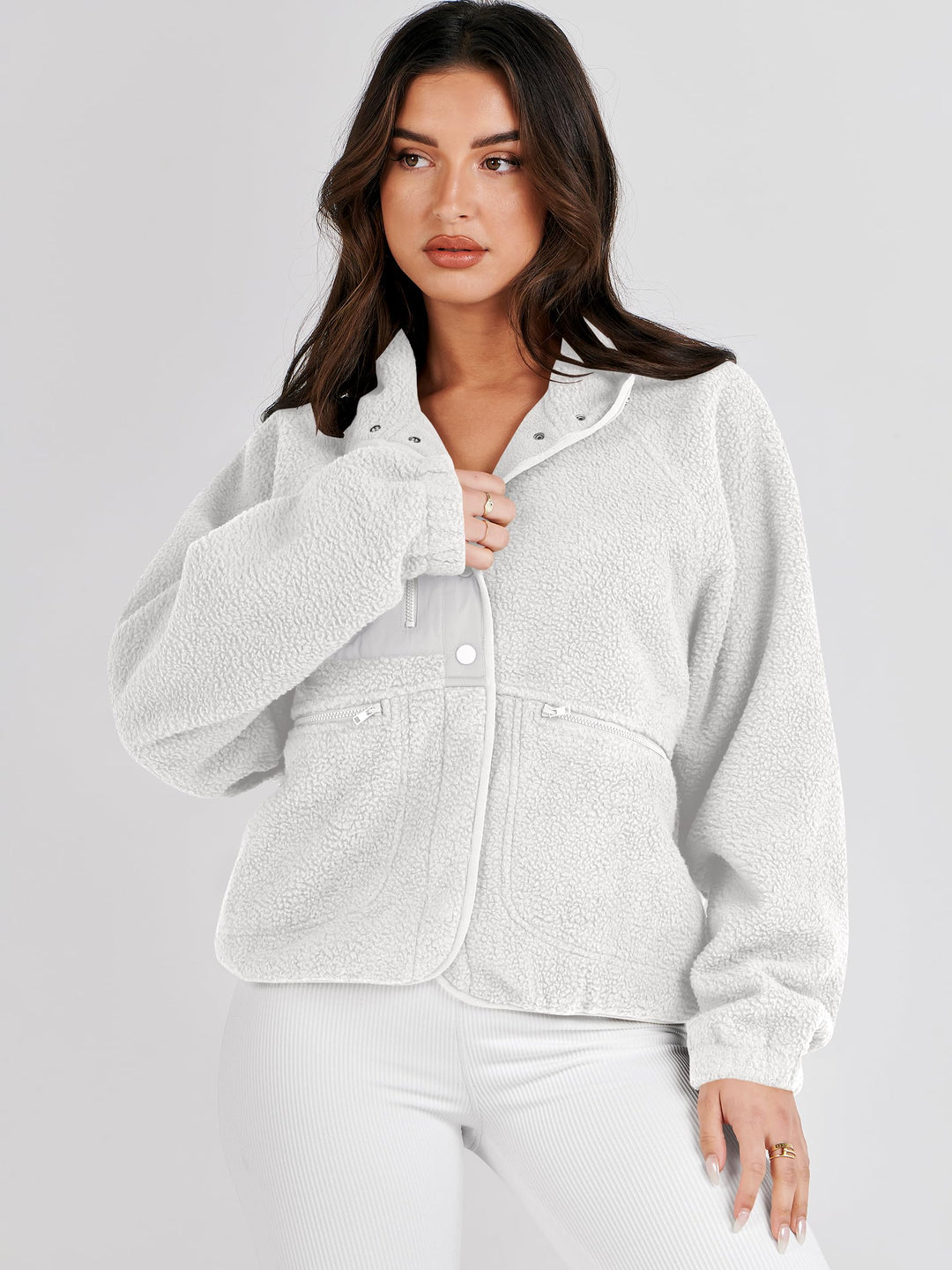 ANRABESS Womens Fuzzy Fleece Jacket Fall Casual Long Sleeve Cropped Sherpa Button Down Shacket Coats Outwear With Pockets