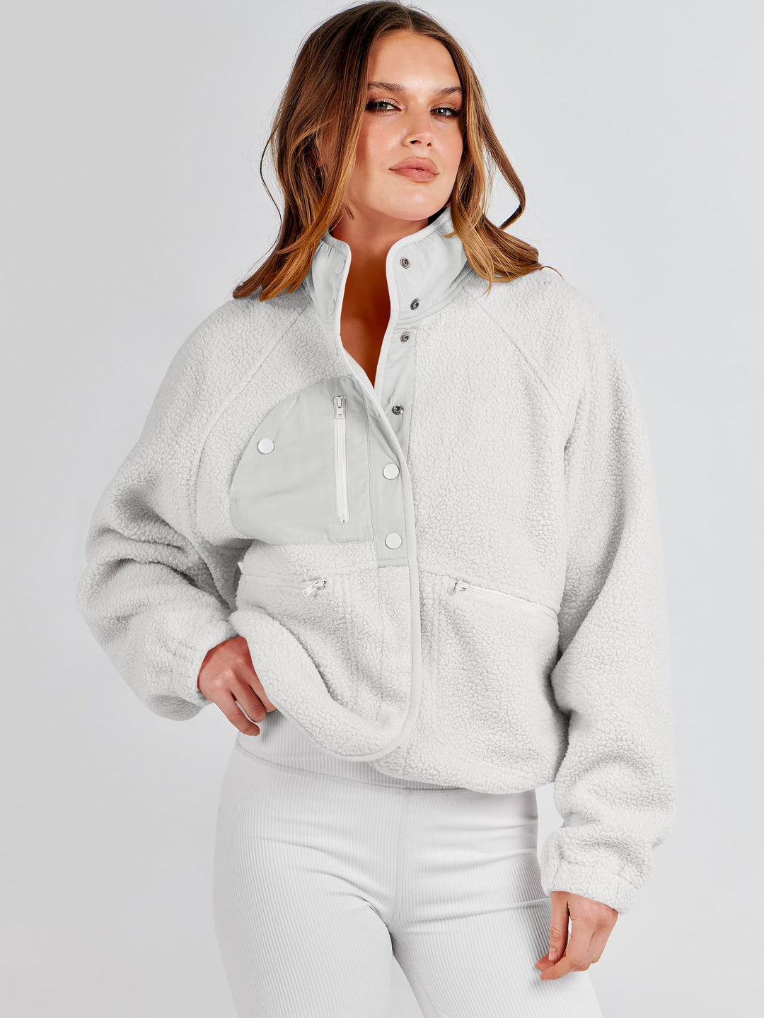 ANRABESS Womens Fuzzy Fleece Jacket Fall Casual Long Sleeve Cropped Sherpa Button Down Shacket Coats Outwear With Pockets