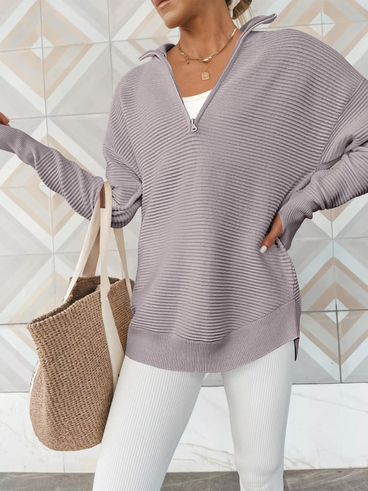 ANRABESS Womens Long Sleeve Quarter Zip Pullover Sweater Casual Loose V Neck Collared Ribbed Knit Jumper Tops Thumb Hole