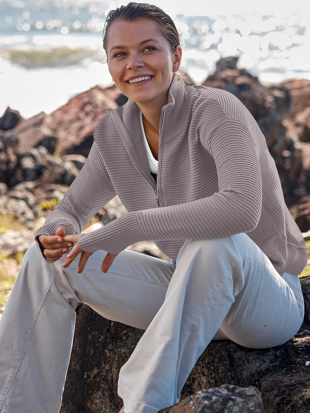 ANRABESS Womens Long Sleeve Quarter Zip Pullover Sweater Casual Loose V Neck Collared Ribbed Knit Jumper Tops Thumb Hole