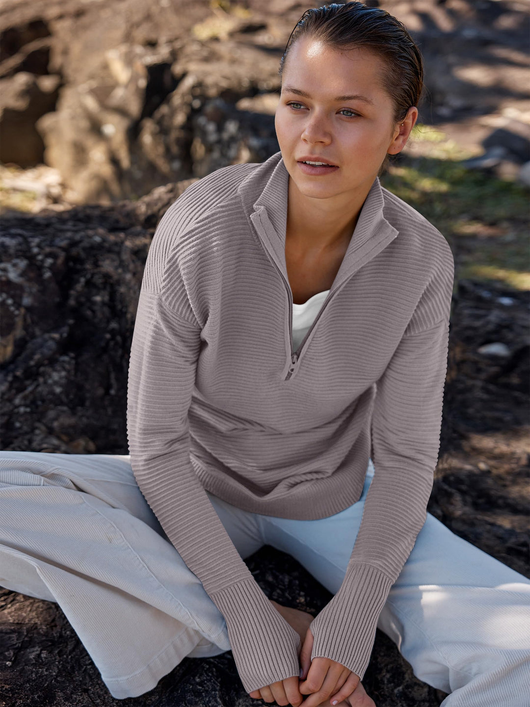 ANRABESS Womens Long Sleeve Quarter Zip Pullover Sweater Casual Loose V Neck Collared Ribbed Knit Jumper Tops Thumb Hole