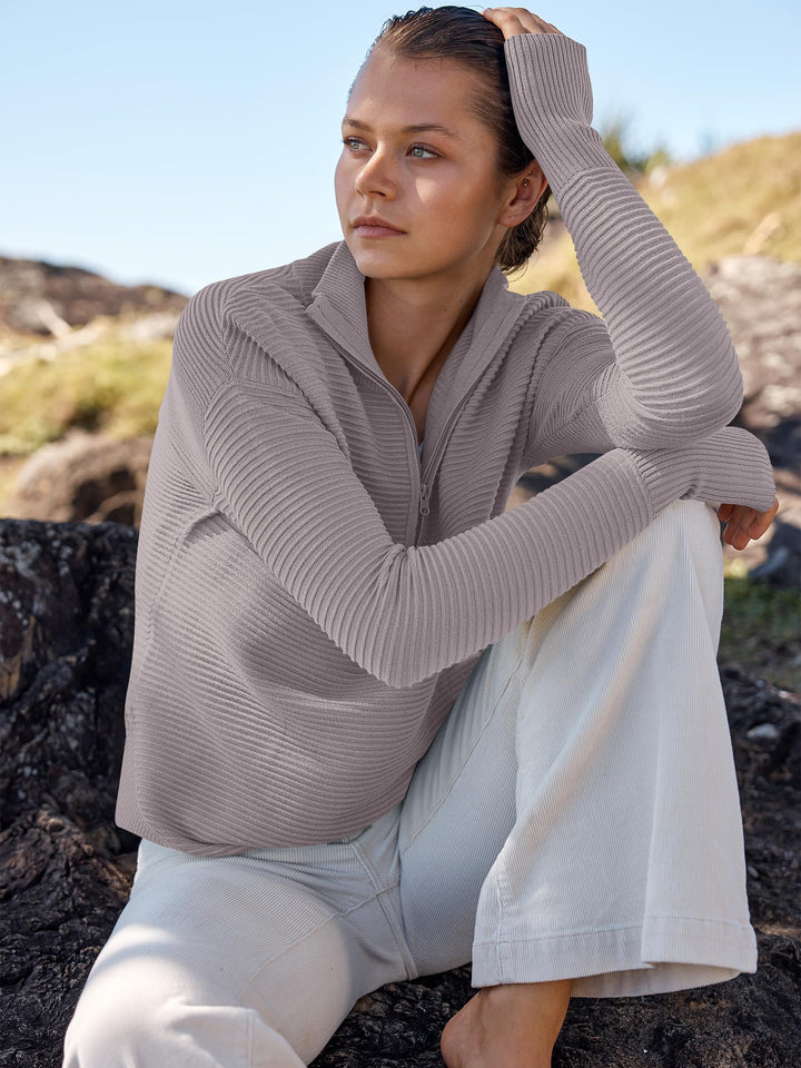 ANRABESS Womens Long Sleeve Quarter Zip Pullover Sweater Casual Loose V Neck Collared Ribbed Knit Jumper Tops Thumb Hole