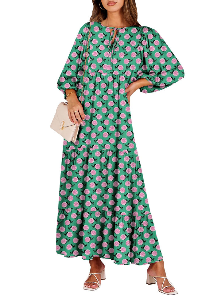 ANRABESS Womens Boho Maxi Dresses 2025 Summer V Neck Puff Sleeve Floral Flowy Swing Fall Casual Long Dress