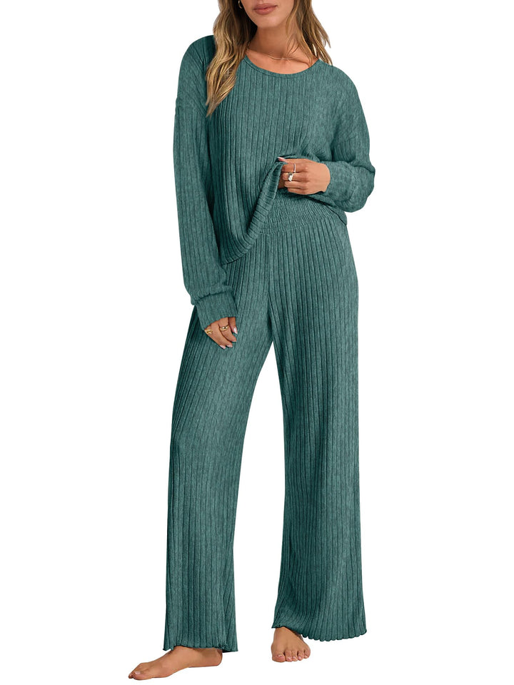 ANRABESS Women 2 Piece Lounge Pajamas Sets Casual Ribbed Knit Long Sleeve Top Pants Matching Set 2025 Fall Outfits Clothes
