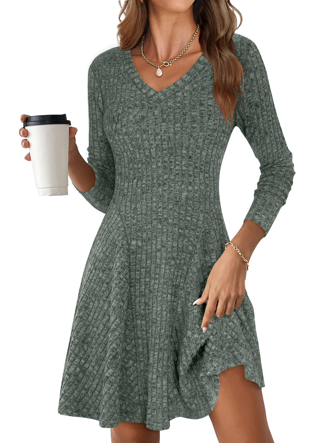 ANRABESS Women Long Sleeve Ribbed Knit Short Dresses 2025 Fall Winter V Neck Casual Swing A Line Sweater Dress