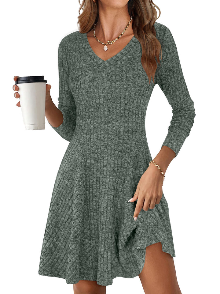 ANRABESS Women Long Sleeve Ribbed Knit Short Dresses 2025 Fall Winter V Neck Casual Swing A Line Sweater Dress