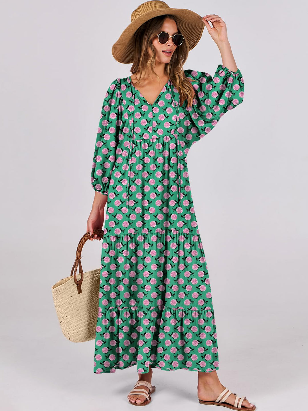 ANRABESS Womens Boho Maxi Dresses 2025 Summer V Neck Puff Sleeve Floral Flowy Swing Fall Casual Long Dress