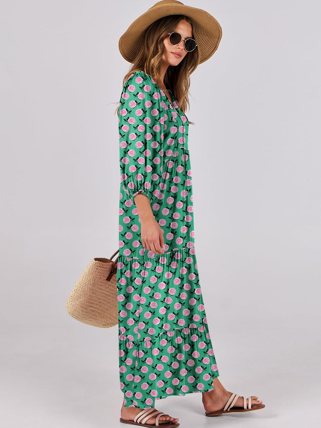 ANRABESS Womens Boho Maxi Dresses 2025 Summer V Neck Puff Sleeve Floral Flowy Swing Fall Casual Long Dress