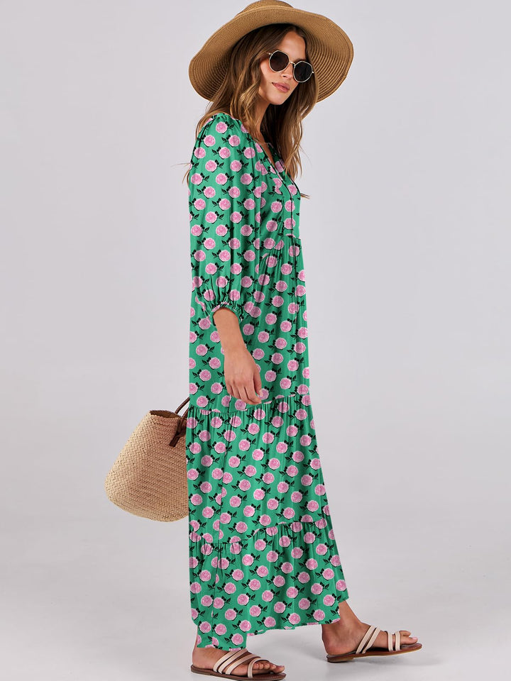 ANRABESS Womens Boho Maxi Dresses 2025 Summer V Neck Puff Sleeve Floral Flowy Swing Fall Casual Long Dress