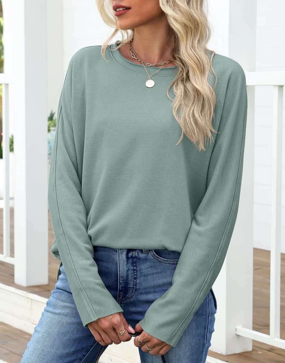 ANRABESS 2025 Fall Fashion Sweatshirt for Women Raw Edges Long Sleeve Shirts Crewneck Loose Fit Curve Hem Pullover Tops