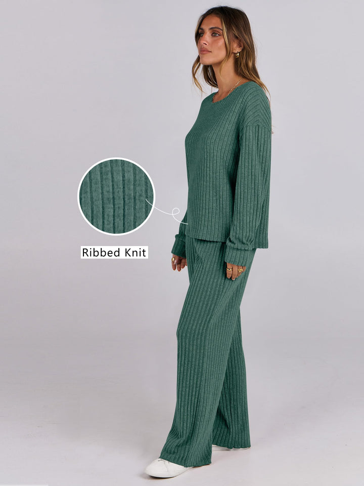 ANRABESS Women 2 Piece Lounge Pajamas Sets Casual Ribbed Knit Long Sleeve Top Pants Matching Set 2025 Fall Outfits Clothes