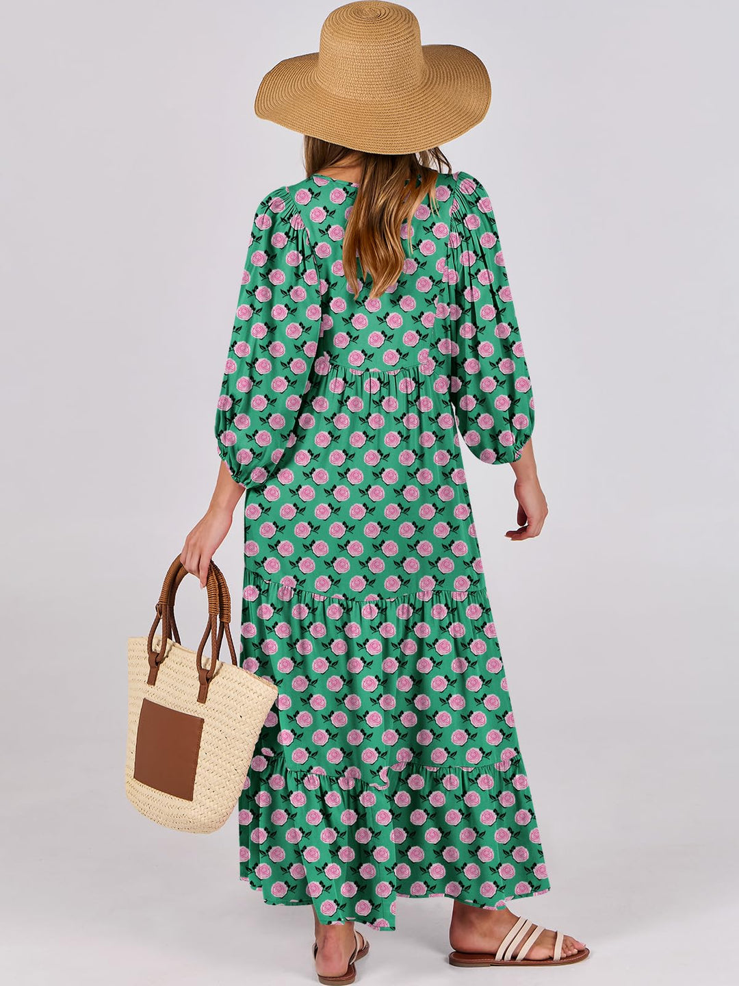 ANRABESS Womens Boho Maxi Dresses 2025 Summer V Neck Puff Sleeve Floral Flowy Swing Fall Casual Long Dress