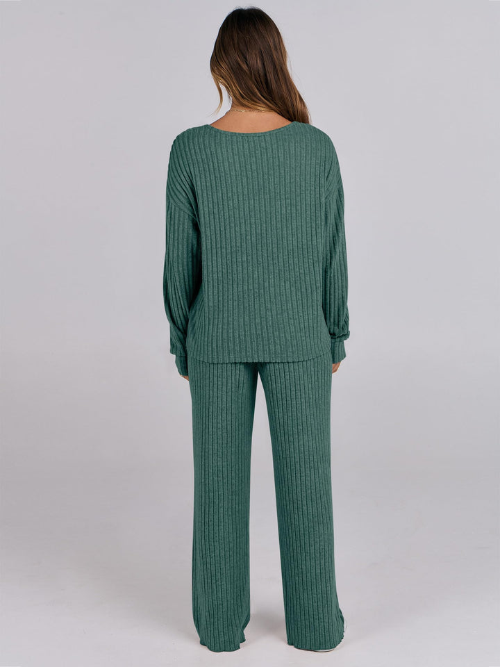 ANRABESS Women 2 Piece Lounge Pajamas Sets Casual Ribbed Knit Long Sleeve Top Pants Matching Set 2025 Fall Outfits Clothes