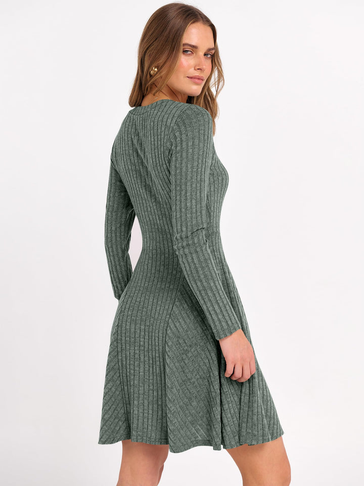 ANRABESS Women Long Sleeve Ribbed Knit Short Dresses 2025 Fall Winter V Neck Casual Swing A Line Sweater Dress