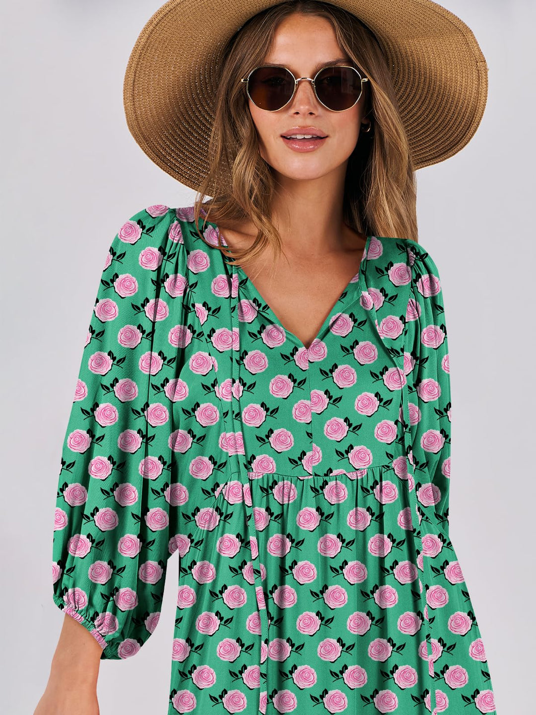 ANRABESS Womens Boho Maxi Dresses 2025 Summer V Neck Puff Sleeve Floral Flowy Swing Fall Casual Long Dress
