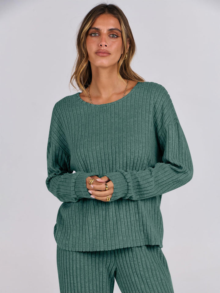 ANRABESS Women 2 Piece Lounge Pajamas Sets Casual Ribbed Knit Long Sleeve Top Pants Matching Set 2025 Fall Outfits Clothes