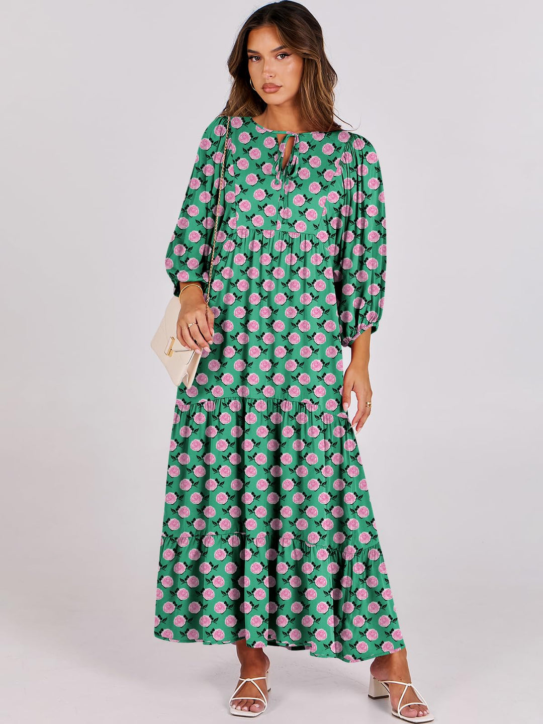 ANRABESS Womens Boho Maxi Dresses 2025 Summer V Neck Puff Sleeve Floral Flowy Swing Fall Casual Long Dress