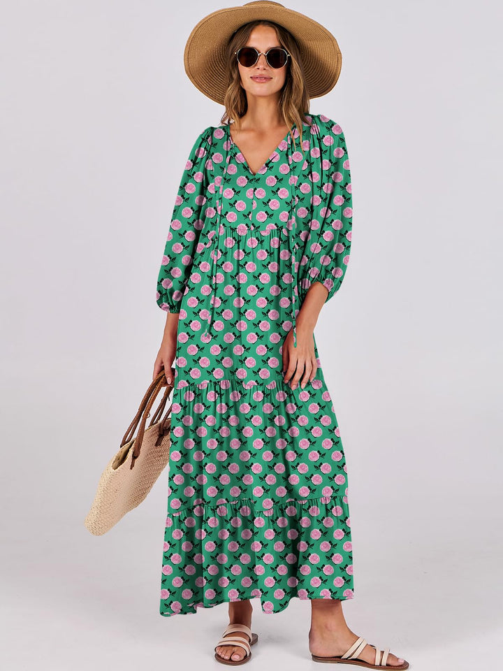 ANRABESS Womens Boho Maxi Dresses 2025 Summer V Neck Puff Sleeve Floral Flowy Swing Fall Casual Long Dress
