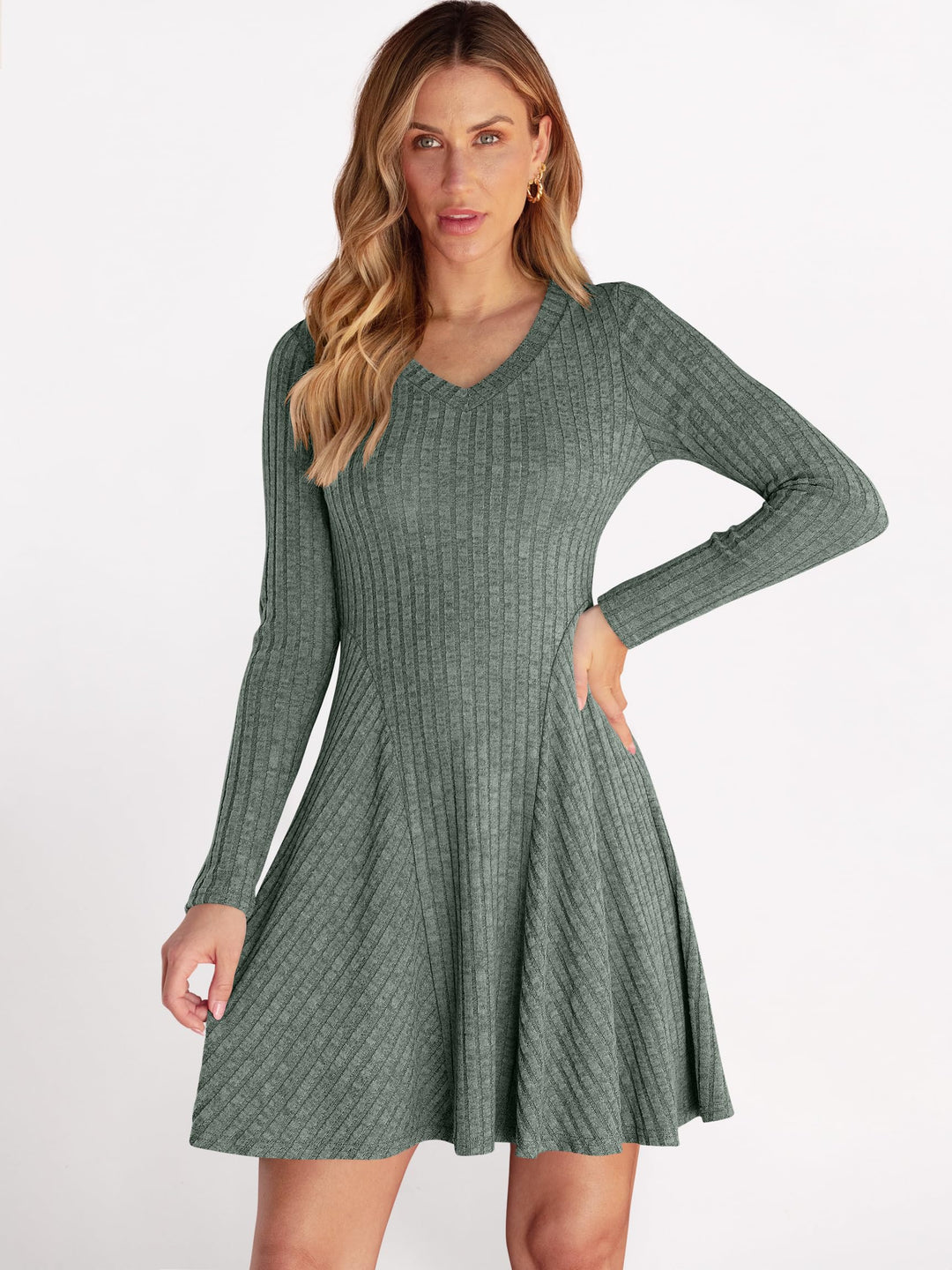 ANRABESS Women Long Sleeve Ribbed Knit Short Dresses 2025 Fall Winter V Neck Casual Swing A Line Sweater Dress