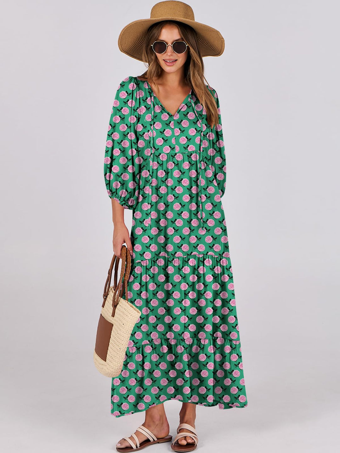 ANRABESS Womens Boho Maxi Dresses 2025 Summer V Neck Puff Sleeve Floral Flowy Swing Fall Casual Long Dress