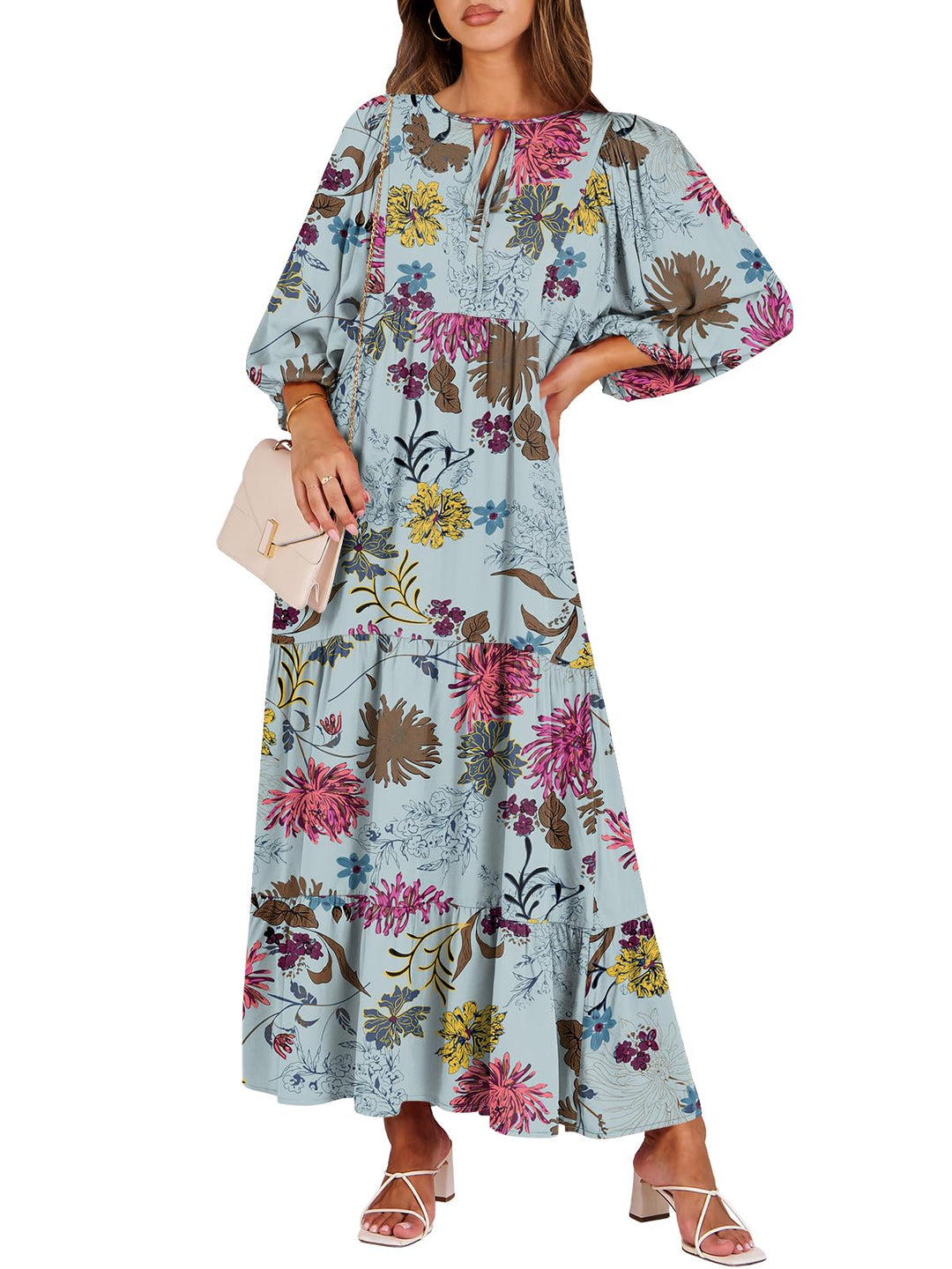 ANRABESS Womens Boho Maxi Dresses 2025 Summer V Neck Puff Sleeve Floral Flowy Swing Fall Casual Long Dress