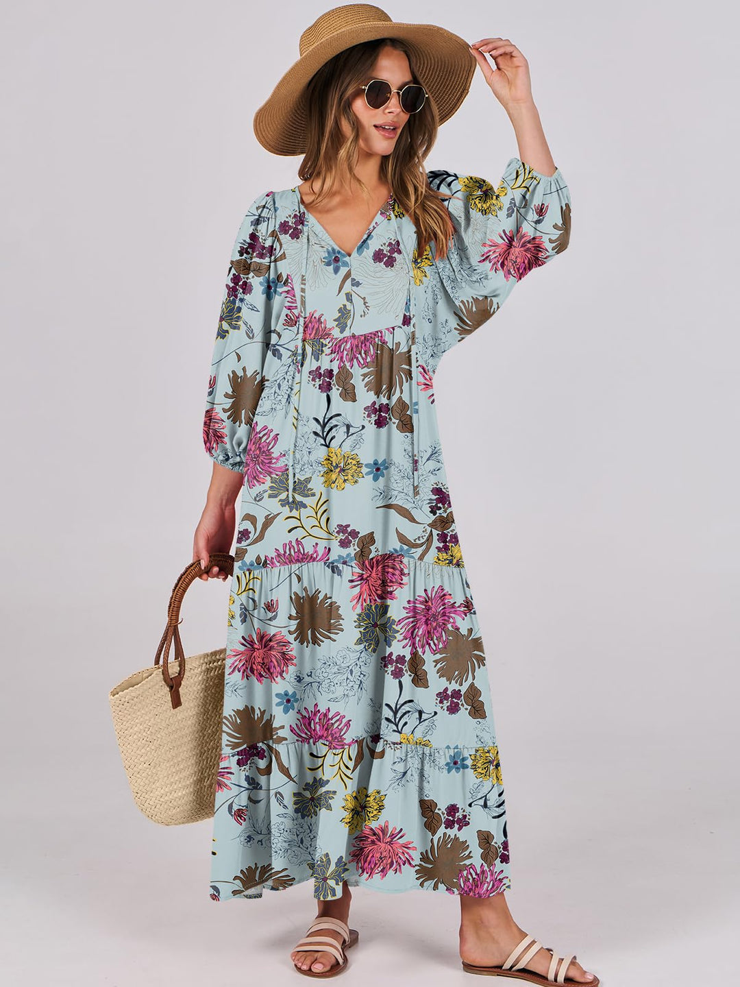 ANRABESS Womens Boho Maxi Dresses 2025 Summer V Neck Puff Sleeve Floral Flowy Swing Fall Casual Long Dress