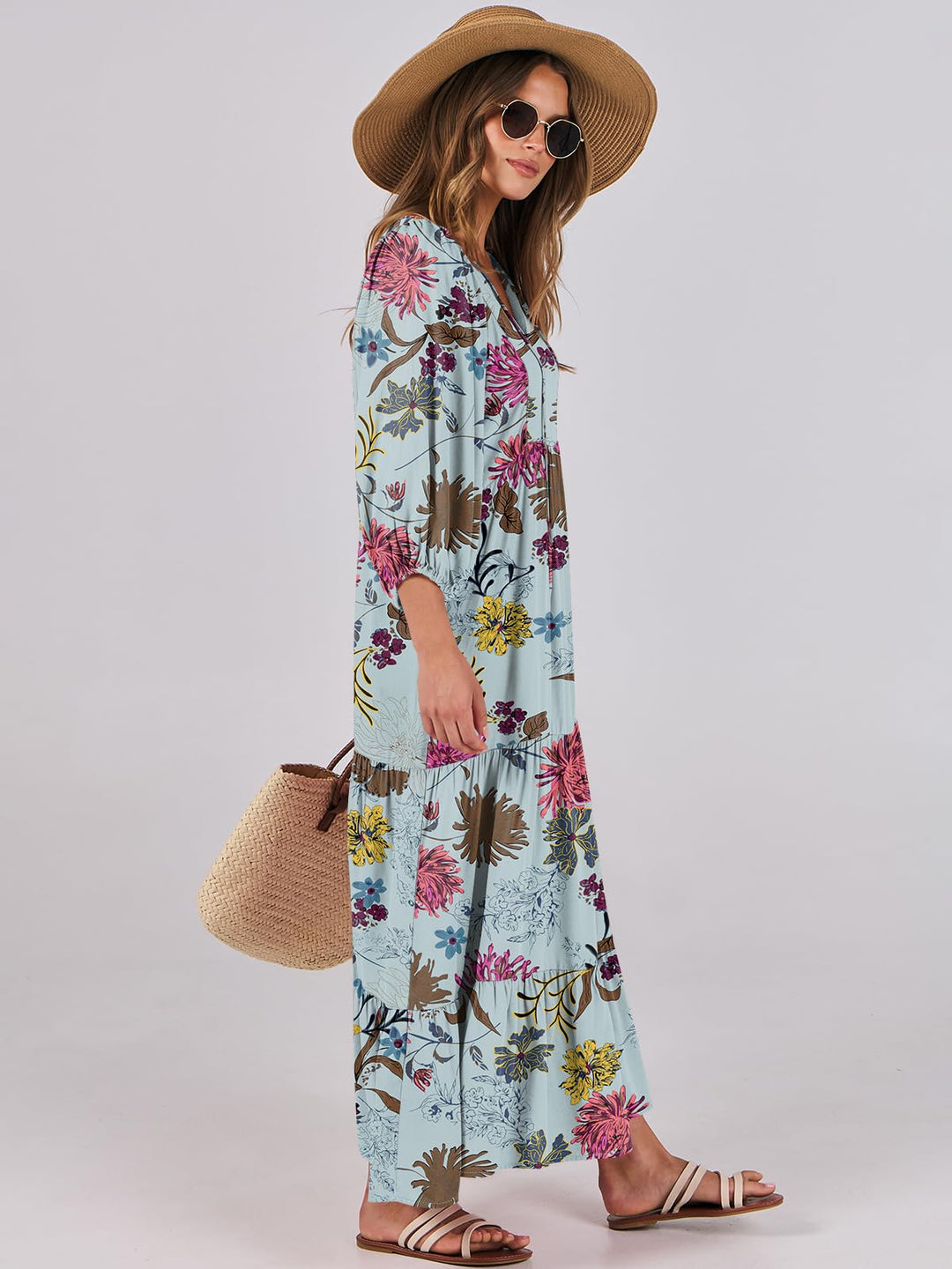 ANRABESS Womens Boho Maxi Dresses 2025 Summer V Neck Puff Sleeve Floral Flowy Swing Fall Casual Long Dress