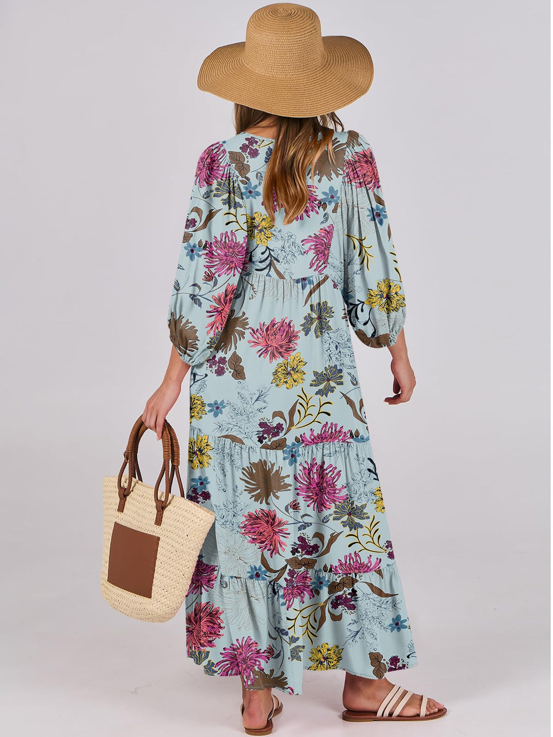 ANRABESS Womens Boho Maxi Dresses 2025 Summer V Neck Puff Sleeve Floral Flowy Swing Fall Casual Long Dress