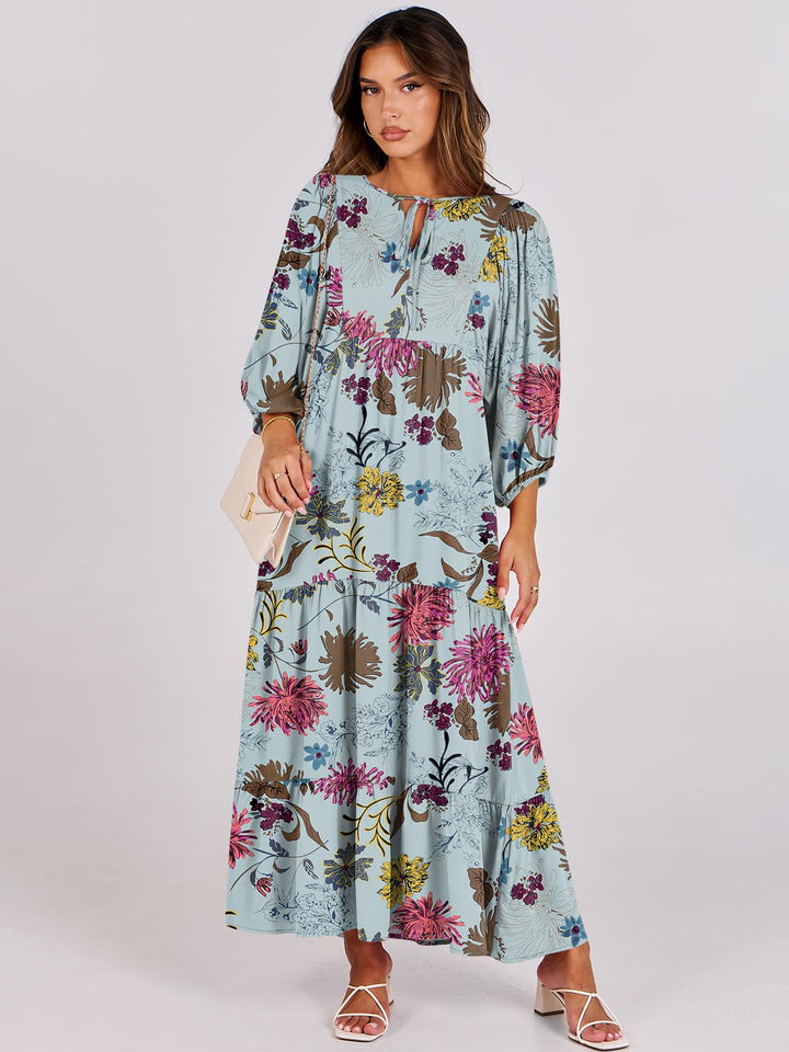ANRABESS Womens Boho Maxi Dresses 2025 Summer V Neck Puff Sleeve Floral Flowy Swing Fall Casual Long Dress