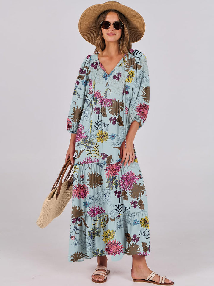 ANRABESS Womens Boho Maxi Dresses 2025 Summer V Neck Puff Sleeve Floral Flowy Swing Fall Casual Long Dress