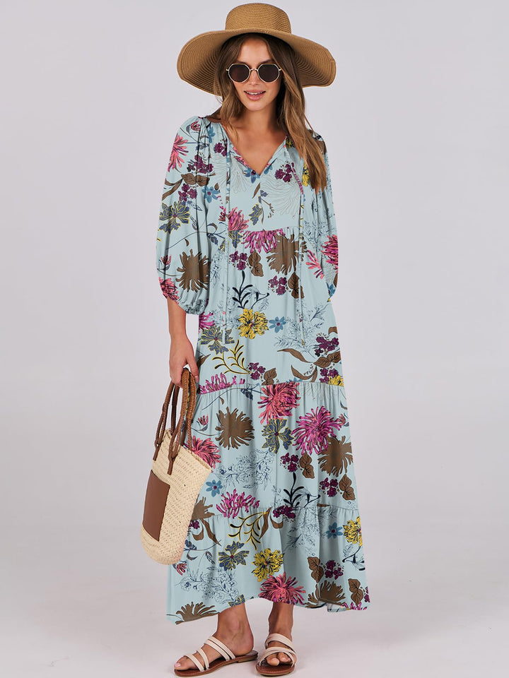ANRABESS Womens Boho Maxi Dresses 2025 Summer V Neck Puff Sleeve Floral Flowy Swing Fall Casual Long Dress
