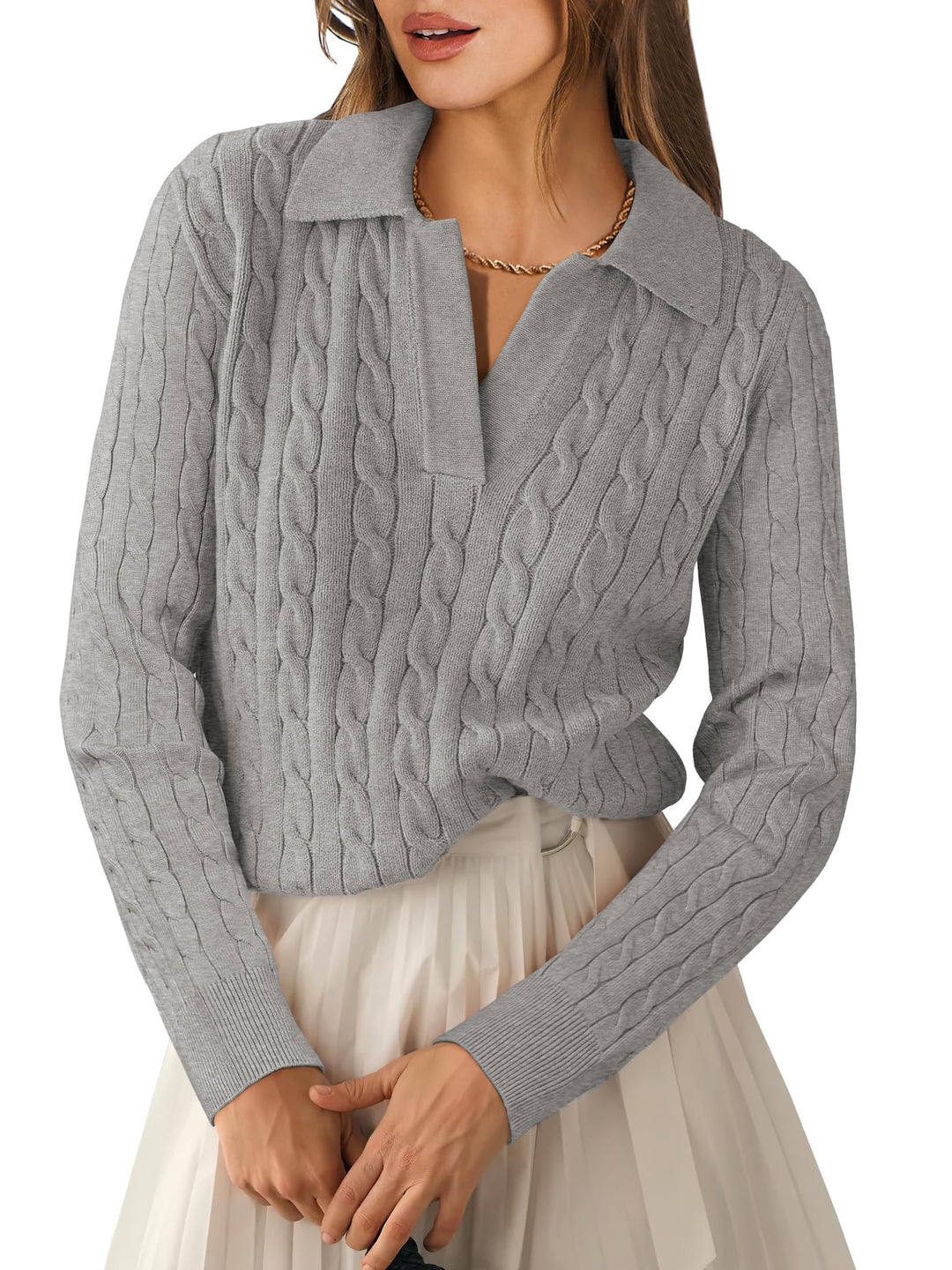 ANRABESS Womens Cable Knit Sweaters Long Sleeve V Neck Sweater Tops Casual Pullover Polo Shirts 2025 Fall Fashion Outfits