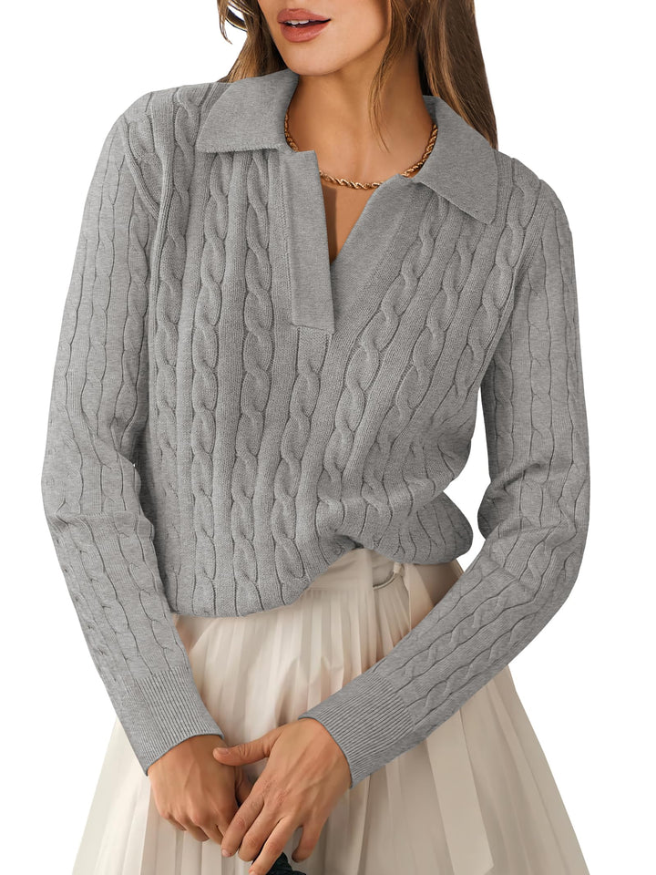 ANRABESS Womens Cable Knit Sweaters Long Sleeve V Neck Sweater Tops Casual Pullover Polo Shirts 2025 Fall Fashion Outfits