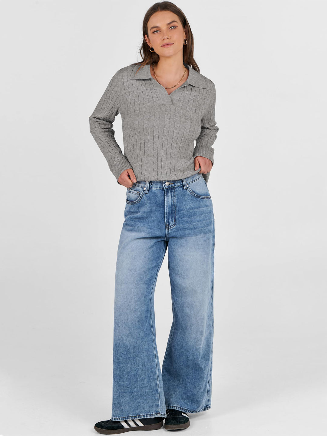 ANRABESS Womens Cable Knit Sweaters Long Sleeve V Neck Sweater Tops Casual Pullover Polo Shirts 2025 Fall Fashion Outfits
